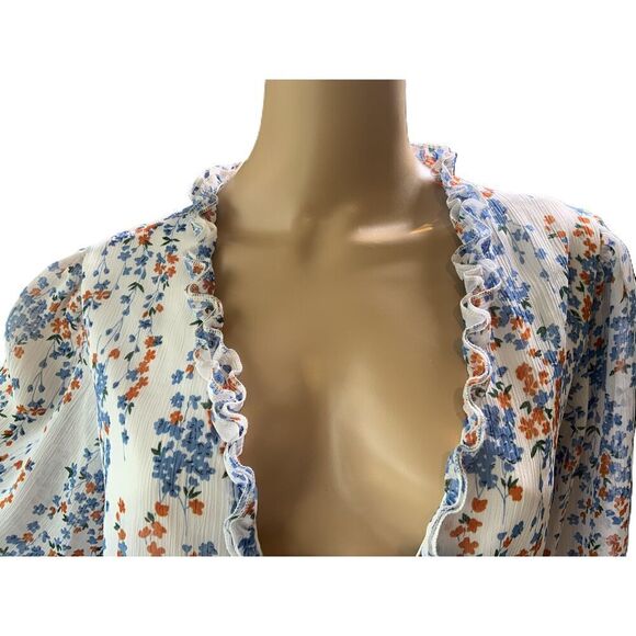 Xicks Floral V-Neck Ruffled Long Sleeve Mini Dress Missing Button Size Large - Picture 2 of 16